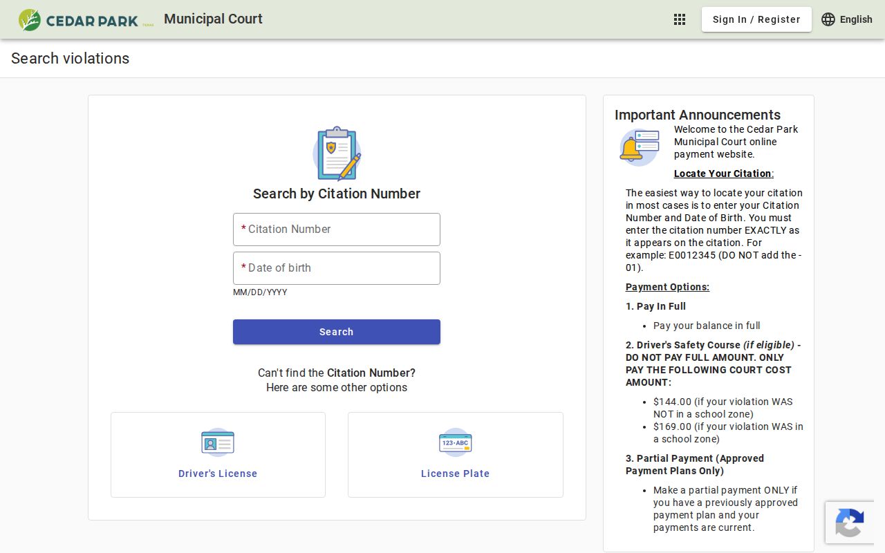 Cedar Park residents directory Municipal Court citation search